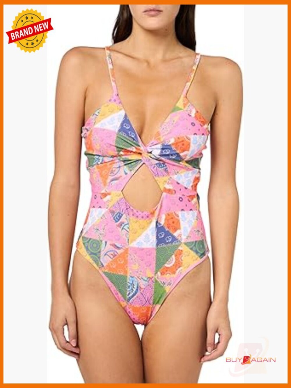 Twist Front One Piece Swimsuit with Cutout, Adjustable Straps